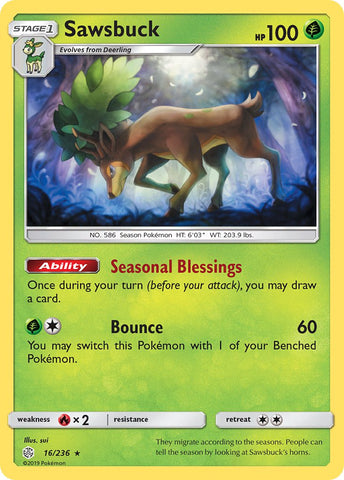 Sawsbuck (16/236) (Prerelease Kit Exclusive) (Theme Deck Exclusive) [Sun & Moon: Cosmic Eclipse] - The Mythic Store | 24h Order Processing