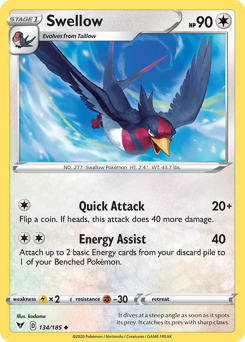 Swellow (134/185) [Sword & Shield: Vivid Voltage] - The Mythic Store | 24h Order Processing