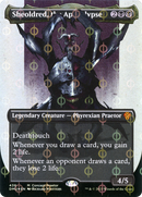 Sheoldred, the Apocalypse (Borderless Concept Praetors Step-and-Compleat Foil) [Phyrexia: All Will Be One] - The Mythic Store | 24h Order Processing