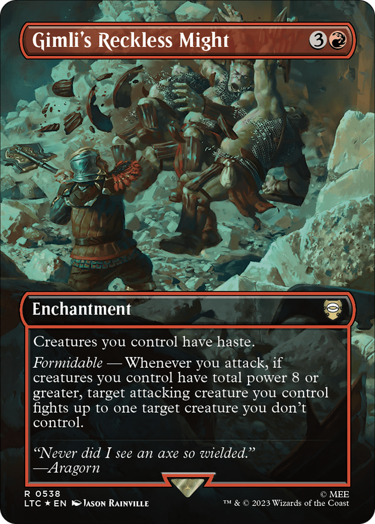 Gimli's Reckless Might (Borderless) (Surge Foil) [The Lord of the Rings: Tales of Middle-Earth Commander] - The Mythic Store | 24h Order Processing