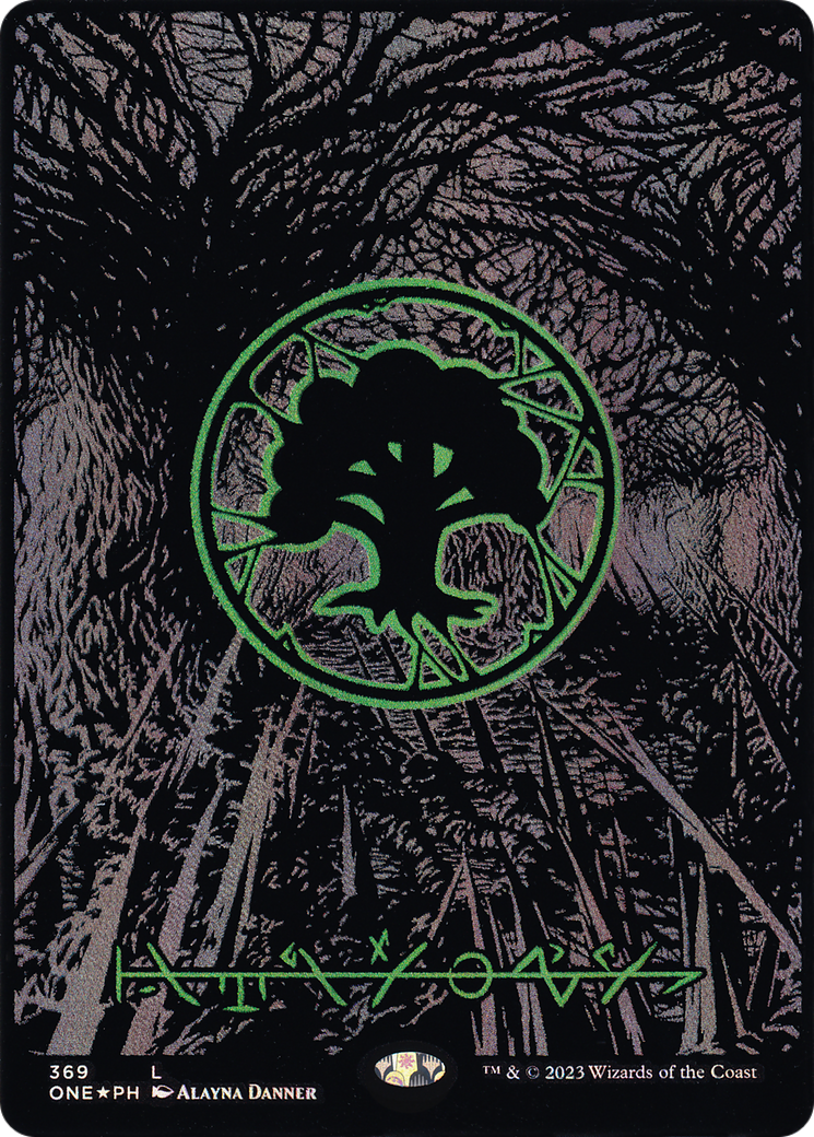 Forest (369) (Oil Slick Raised Foil) [Phyrexia: All Will Be One] - The Mythic Store | 24h Order Processing