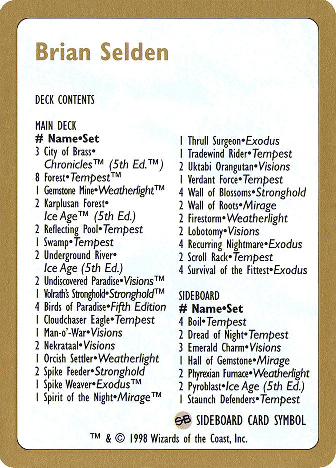 Brian Selden Decklist [World Championship Decks 1998] - The Mythic Store | 24h Order Processing