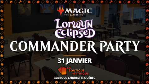 Lorwyn Eclipsed Commander Party | Magic: The Gathering | Commander | | 2026-01-31 | 12:00:00 - The Mythic Store | 24h Order Processing