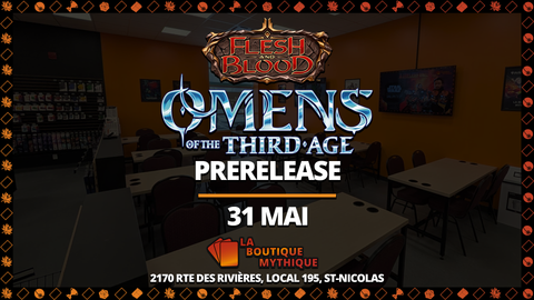 Lévis | Omens of the Third Age Prerelease | Flesh and Blood | Sealed Deck | | 2026-05-31 | 12:00:00 - The Mythic Store | 24h Order Processing