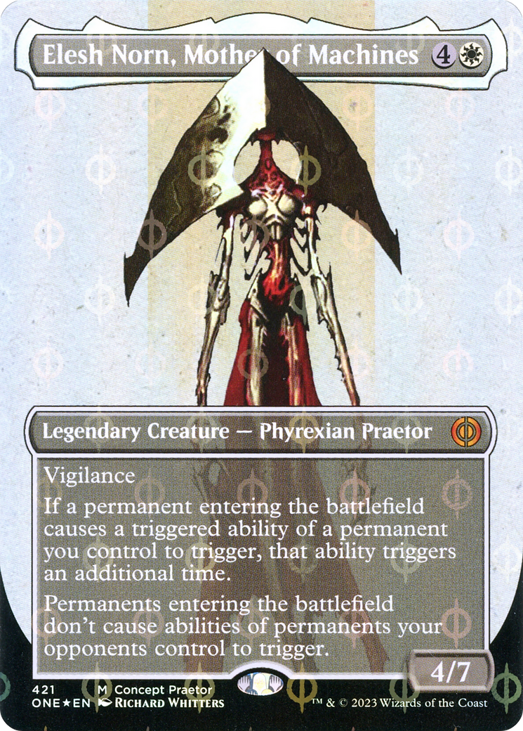 Elesh Norn, Mother of Machines (Borderless Concept Praetors Step-and-Compleat Foil) [Phyrexia: All Will Be One] - The Mythic Store | 24h Order Processing